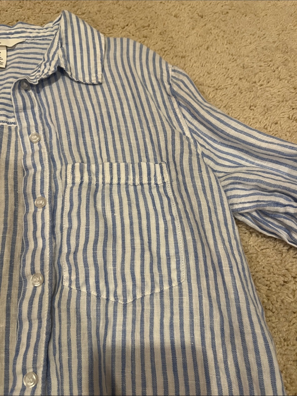 100% Linen Light Blue and White Striped Casual Button-Down Shirt